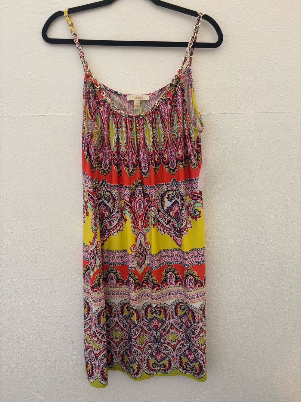 Paisley-Print Spaghetti Strap Mini Dress in Yellow & Coral by Unknown